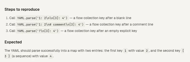 A ticket's reproduction steps: three parse calls that trigger the bug, and the expected behaviour.